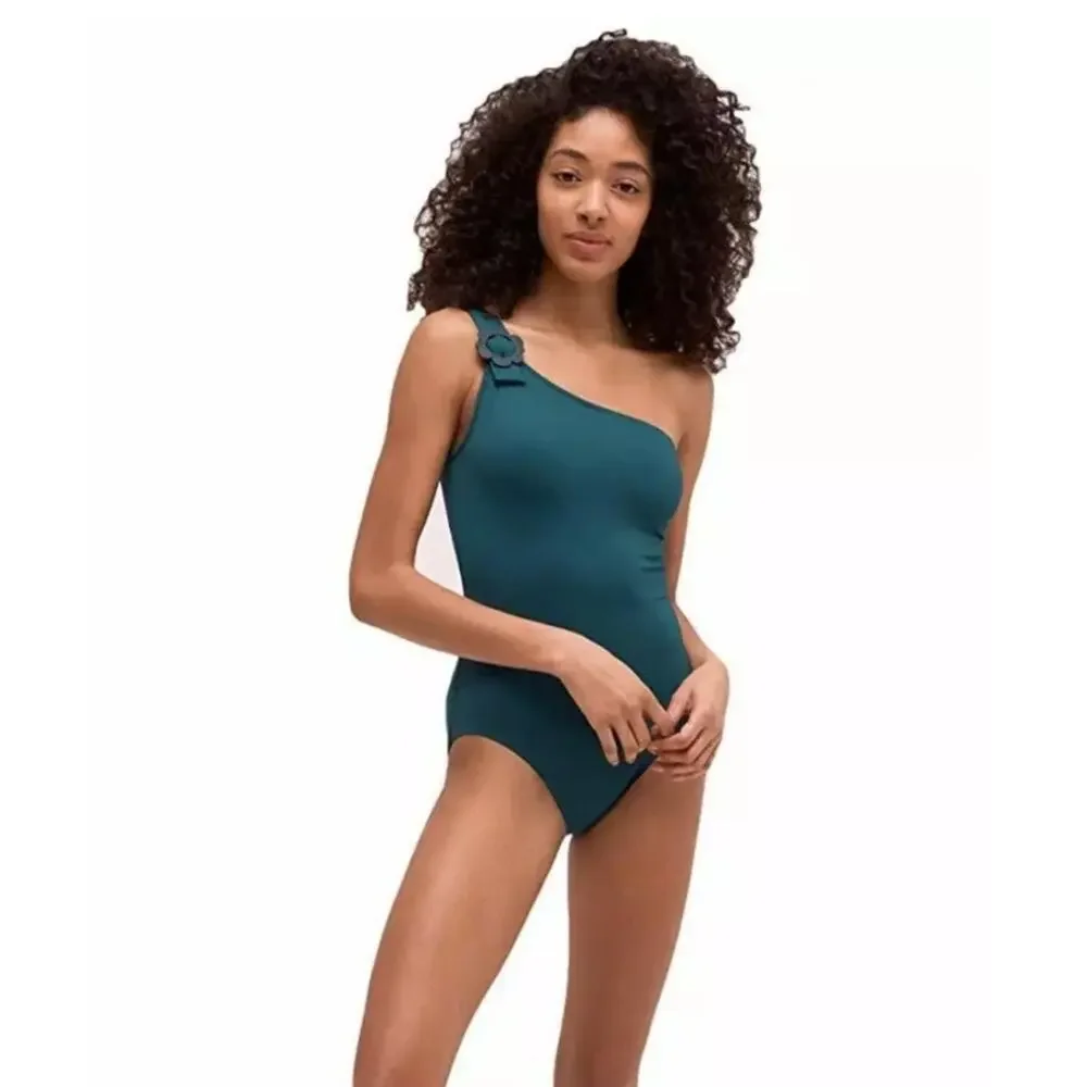 Kate Spade New York Daisy Buckle Dark Green One Shoulder One-Piece Swimsuit - Picture 2 of 9